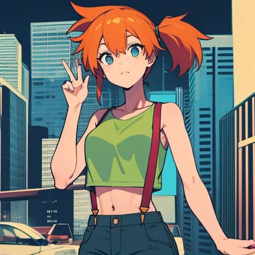 ((masterpiece,High resolution,Highest quality,8k)) Misty, BREAK, female, orange hair in ponytail, blue eyes, BREAK, Small breasts, slender, bare collarbone BREAK: (yellow cropped shirt, red suspenders, daisy dukes), (bare arms), (bare midriff), BREAK: posing victoriously, victory pose