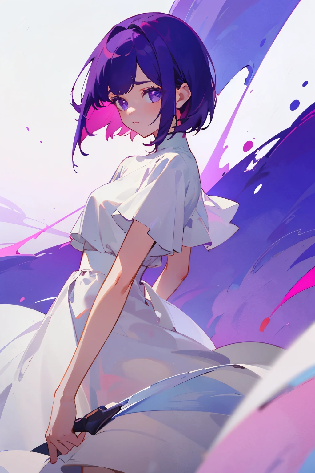 Girl with short purple hair in a white dress, simple background, Ultra-high image quality, 8 K
