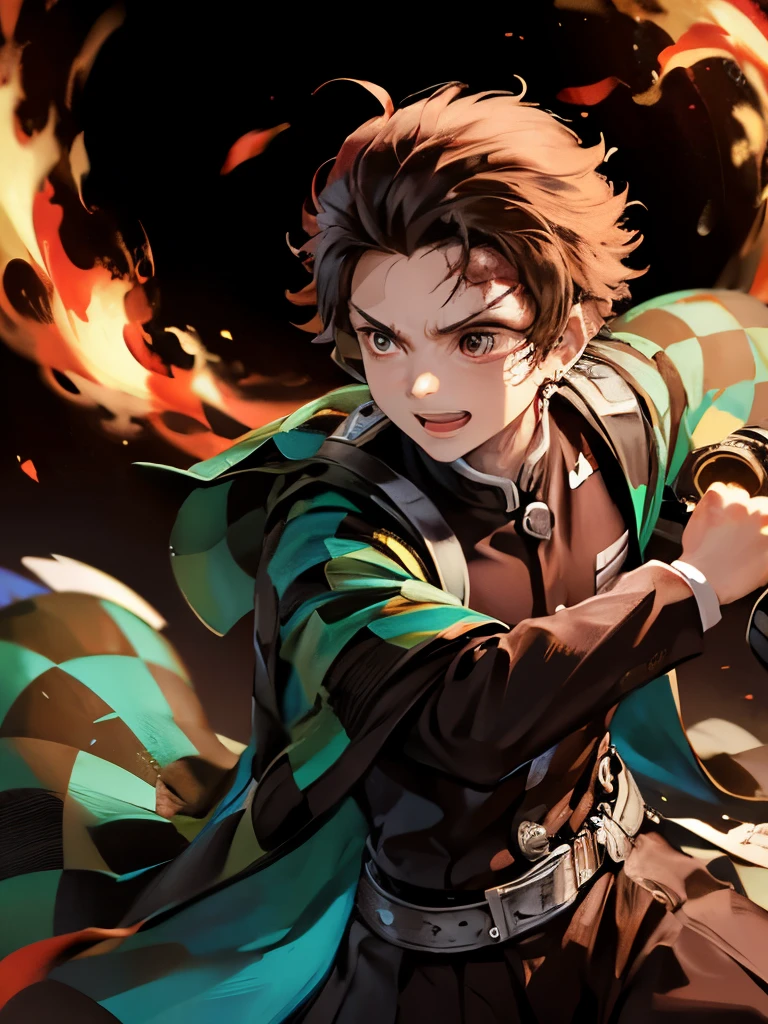 boy (beginning) Using the sword, Fire from the sword, Happy expression,