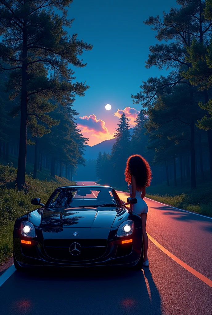 A paved road with trees on the sides of the road, in color at night, and a girl with curly brown hair standing next to her big black latest model car on the asphalt road