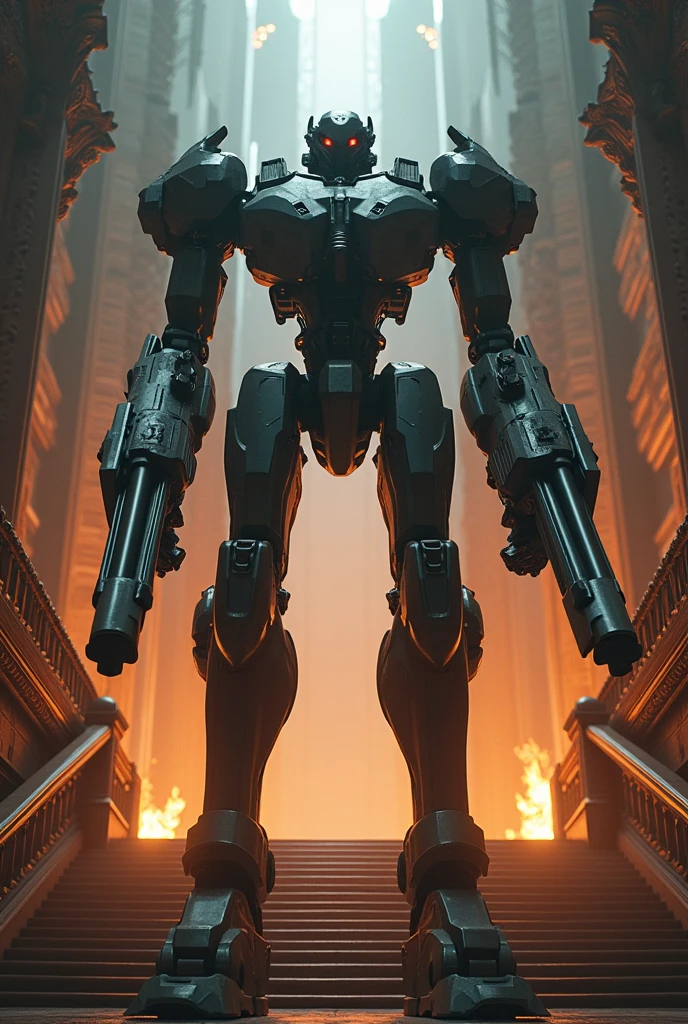 (Artwork:1.2), (best quality:1.2), 8k, HDR, ultra detaild, ((photorrealistic)), professional light, cinematic lighting, fashion shooting, ambient lighting, epic photo, fire, staircase, A war robot, weapons instead of arms , non-humanoid