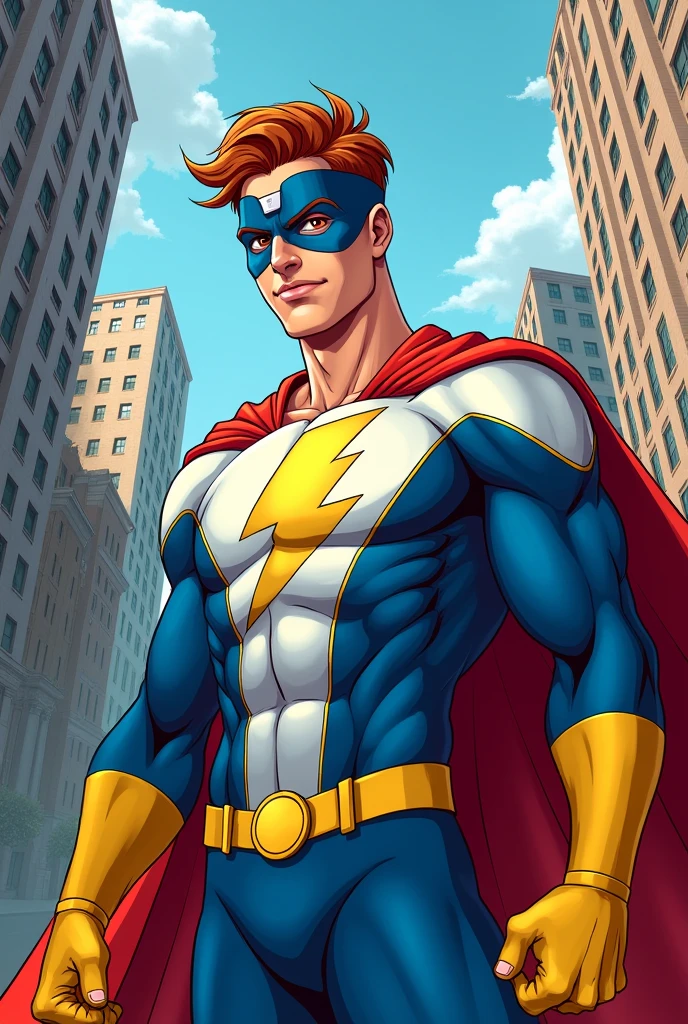 create for me a teenage superhero man in a white costume, blue and yellow details, the red cape and a blue mask that covers the eyes with golden lightning bolt ears as well as the lightning bolt symbol on the chest and fingerless gloves, russet hair, comic style