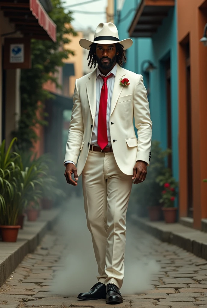 "Create a detailed image of Zé Pilintra, a popular spiritual entity in Brazil, associated with Umbanda and Candomblé. He must be dressed in a smart white suit., a red tie and a white short-brimmed hat. Include details like well-polished black shoes and a charismatic look.. The image must convey the duality of your personality: at the same time he is wise and protective, He is also cunning and has an air of mischief. The setting could be an old bar or a cobblestone street, evoking the bohemian atmosphere of Rio de Janeiro. Add a mystical touch with a light mist around it, suggesting its connection with the spirit world."