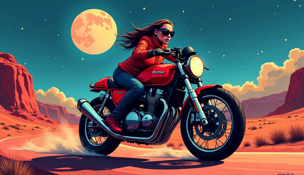 (work of art), (best qualityer), (better detail), (distant overview), (stamp),(main color of the illustration: bright saturated red), (Secondary color: lapis lazuli), a red café racer motorcycle driven by a woman with a defiant stance, very detailded chassis, futuristic western scenery, natta (many stars, moonligh), shadowing (detailded, lots of contrast), very saturated pulp colors