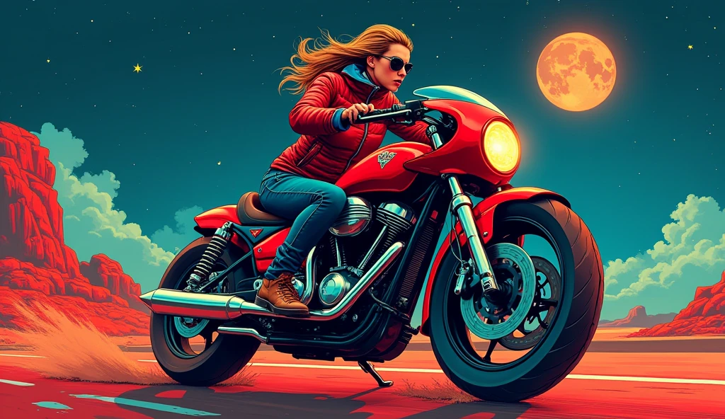 (work of art), (best qualityer), (better detail), (distant overview), (stamp),(main color of the illustration: bright saturated red), (Secondary color: lapis lazuli), a red café racer motorcycle driven by a woman with a defiant stance, very detailded chassis, futuristic western scenery, natta (many stars, moonligh), shadowing (detailded, lots of contrast), very saturated pulp colors