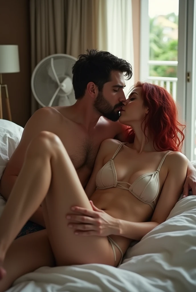 An explicit image of a beautiful 47 year old woman with dark red hair, small slightly sagging breasts with stiff nipples, a straight waistline and natural uncut pubic hair having intimate vaginal intercourse with 38 year old tall skinny male with a straggly beard. He is pushing himself inside her and they share a tender lovers’ kiss. He is lying behind her holding up her leg to expose her vulva and penetrate her half way in. They are both a little sweaty. A fan stands next to the bed in a spacious hotel room with an open balcony door.