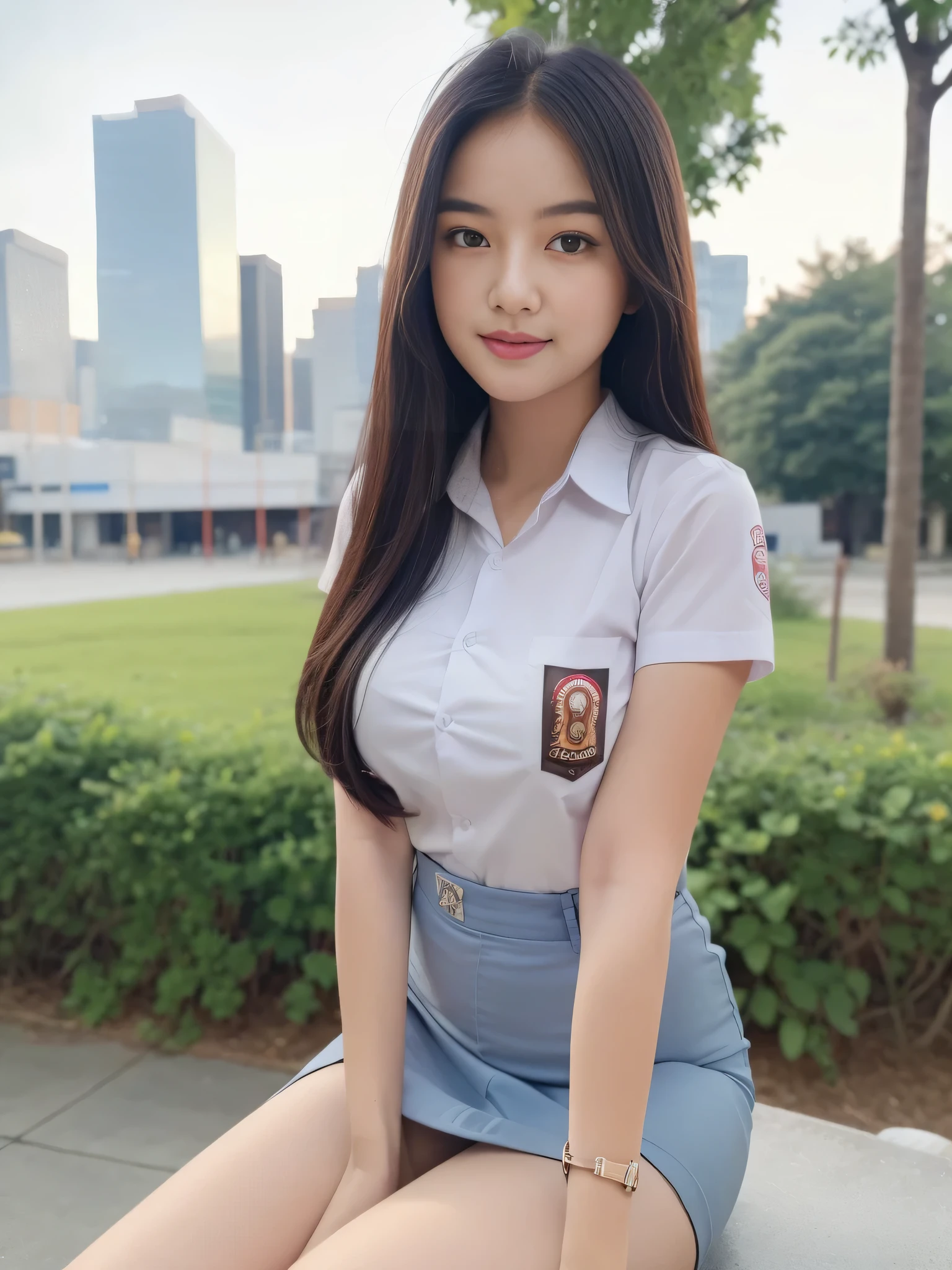 1girl, solo, 19 years old, (uniform), sits on something, detailed Metropolitan city at the background, portrait, thick breasts, semi-curvy body, smooth realistic skin, cute smirk, white shirt, grey blue short skirt, looking at the audience, high angle shot,(8k, RAW photo, best quality, masterpiece: 1.3), (realistic, realistic: 1.37), ultra-high resolution, cowboy shot