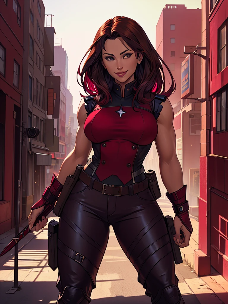 j3nn1f3rg-v1, Elektra Marvel, brown hair, smilling, Burgundy Tactical uniform. leather uniform, Burgundy  Tactical pants,,photography,ultra details, vivid colors,light and shadows effects,, dramatic atmosphere,sharp focus, city background, Sleeveless, .Burgundy sleeveless uniform, 