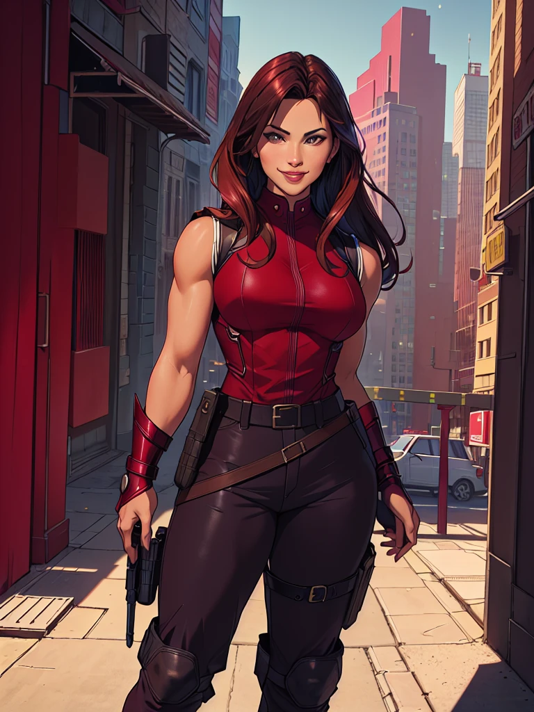 j3nn1f3rg-v1, Elektra Marvel, brown hair, smilling, Burgundy Tactical uniform. leather uniform, Burgundy  Tactical pants,,photography,ultra details, vivid colors,light and shadows effects,, dramatic atmosphere,sharp focus, city background, Sleeveless, .Burgundy sleeveless uniform, 