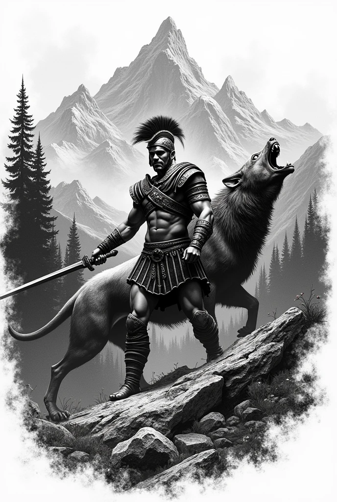 tatouage noir Blanc gladiateur entrain de combattre avec les animaux des montagnes à l'arrière plan Nathalie