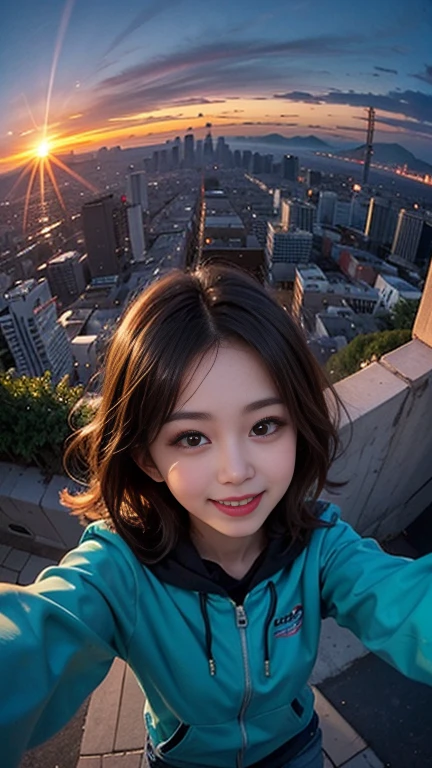 One girl, Korean, Fisheye Lens, Selfie, Wind, Messy Hair, sunset, Cityscape, (Aesthetics and atmosphere:1.2),smile