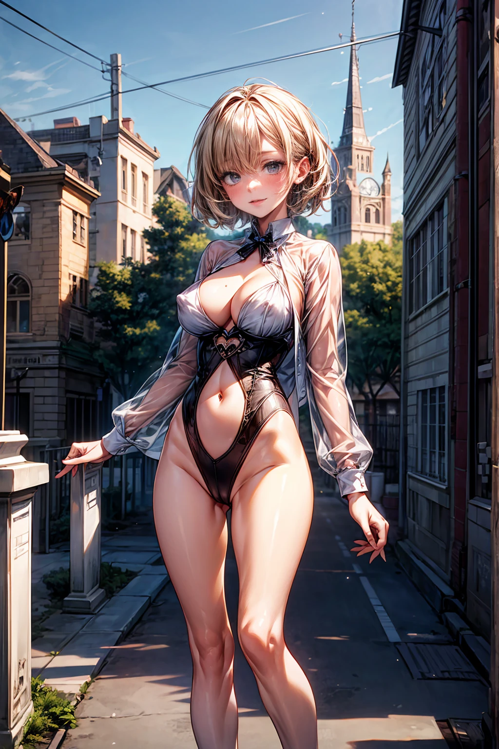 ((masterpiece)), ((Highest quality)), ((High resolution)), ((Highly detailed CG Unity 8k wallpaper)), alone、Main Street、building、car、Summer cafe terrace、high school girl、High leg leotard、See-through、belly button、Nipple swelling、Underbust、hair、Straight Short Cut、Big eyes、High nose、Beautiful multiple eyes、Long eyelashes、Larger breasts、look up、Show your side、