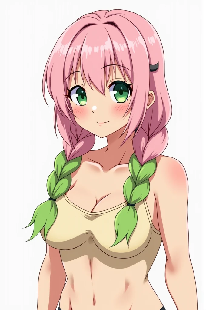 A young woman named Mitsuri is a curvaceous young woman of average height and quite muscular build., with slightly pale skin and round, light green eyes with long eyelashes, a small beauty mark below each of them. She has long, light pink hair that turns lime green halfway through., which she wears in three thick braids. She has five shorter, uneven tufts hanging over her face like voluminous bangs., the tips are lime green too. When she was trying to get married, her hair was dyed black in an attempt to look more "normal".