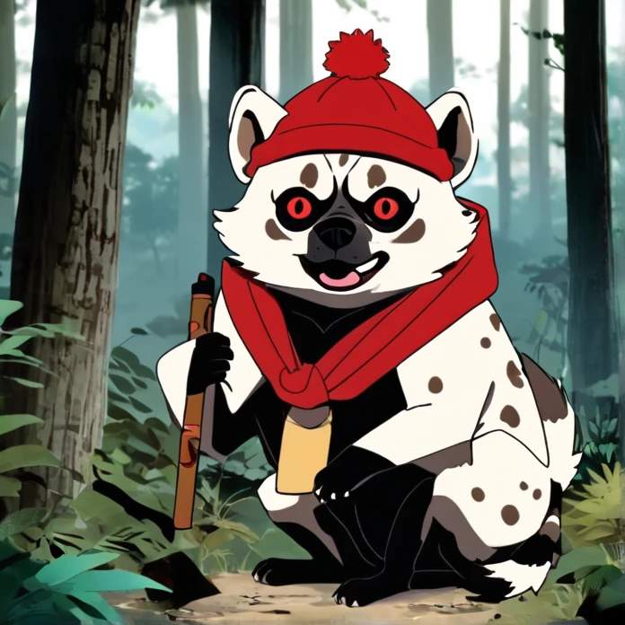 White Tanuki Hyena, Circle Eye, Red Pupil, Pug Mouth, Black beanie, red scarf, Holding Cigar, Forest