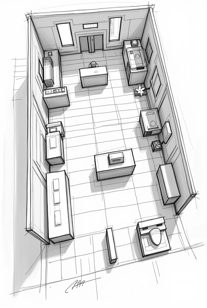 A sketch image containing the following.
Customer service area.
Display and sales area.
Kitchen and preparation area.
Store.
bathrooms.
Administrative Office.