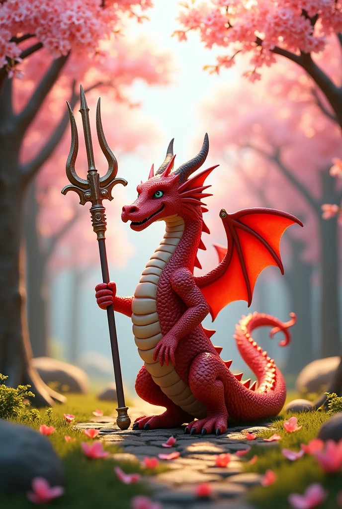 Realistic red dragon with a trident in his hand In a well-lit forest with cherry blossom trees
