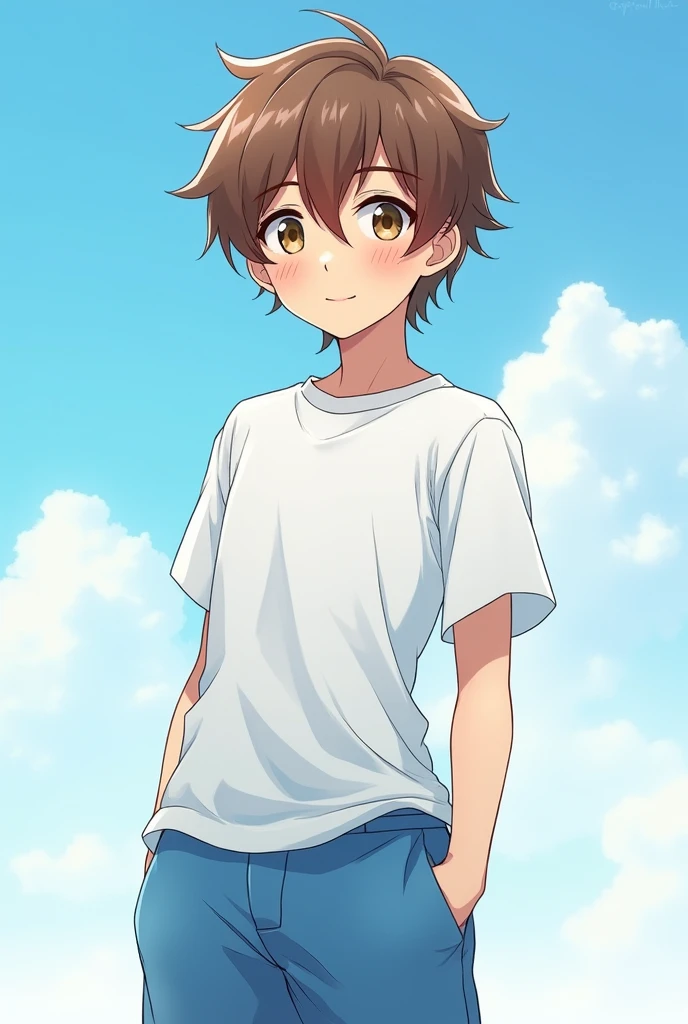 Anime boy short brown hair skin color white and blue beach shirt white and blue pants