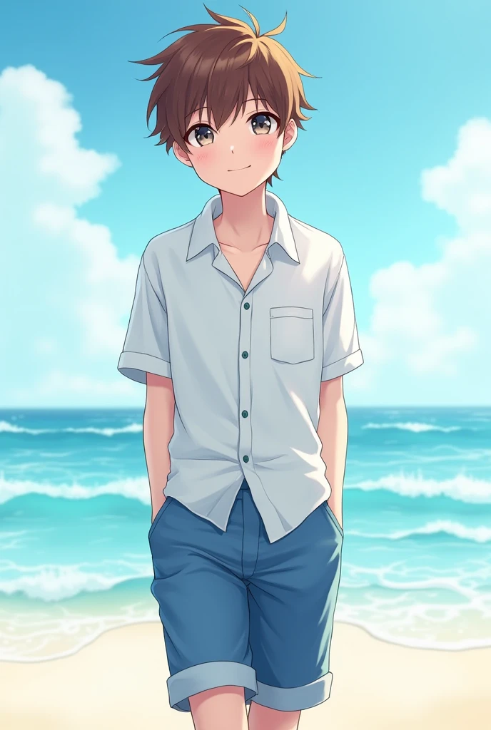 Anime boy short brown hair skin color white and blue beach shirt white and blue pants