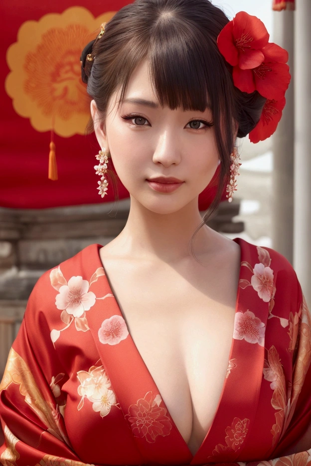 best quality, ultra high res, photoshoot, (photorealistic:1.4), [:(highly detail face: 1.2):0.1], (PureErosFace_V1:0.8 ), closed up portrait of an elegant girl wearing gorgeous red flower kimono and flower in hair, 21yo girl, (temple background:1.1), looking at viewer, facing front, wide angle, full body, 