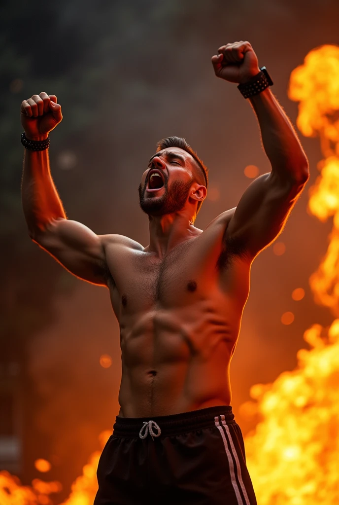 a man celebrating with a shout, athletic body I fire around