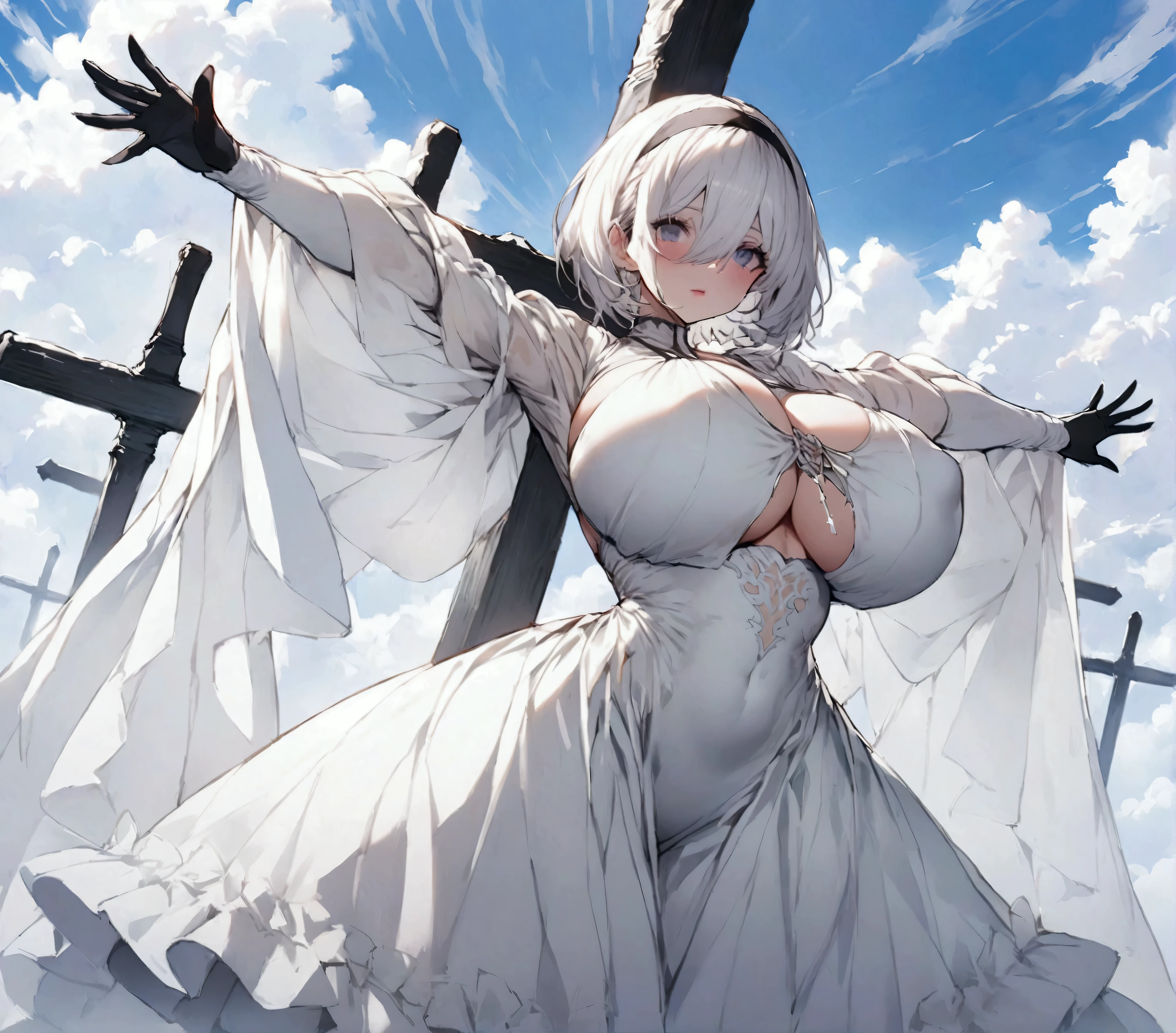 Best Quality, Nier Automata 2B, whole body, huge big breasts, crucified, katanas, in blue sky,