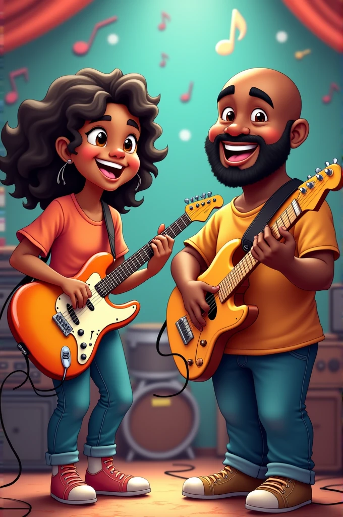 Chubby bald black man playing guitar with a 17 year old brown skinned girl with wavy hair also playing guitar cartoon style 
