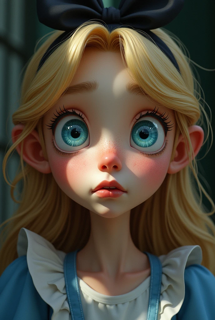 Create a close-up portrait of Alice from 'Alice in Wonderland,' capturing a moment of deep contemplation. Her expression should be one of curiosity mixed with a hint of uncertainty, as if she is pondering profound questions about reality and her place in it. Her large eyes should be wide, reflecting the surreal world around her—perhaps with hints of distorted images like the Cheshire Cat's grin, a clock, or the winding paths of the Wonderland forest. The lighting should be soft yet dramatic, casting gentle shadows that emphasize the depth of her thoughts. Her hair can be slightly tousled, as if she’s been on a long journey, and her iconic headband should be present, perhaps slightly askew, adding to the sense of her being lost in thought. The color palette should be a mix of soft pastels with darker, more introspective tones, creating a balance between innocence and the complexity of her thoughts.