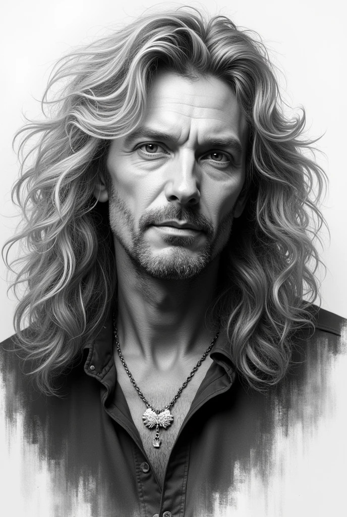 draw Robert Plant at the beginning of his career with his band symbol, hyper realistic