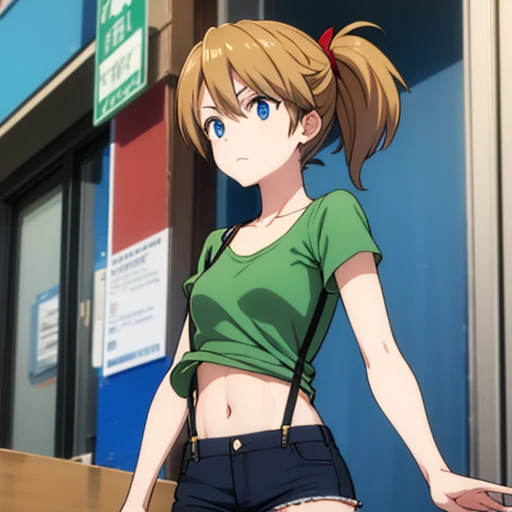 ((masterpiece,High resolution,Highest quality,8k)) Asuka Soryuu Langley, BREAK, female, chestnut brown hair in ponytail, blue eyes, BREAK, Small breasts, slender, bare collarbone BREAK: (yellow cropped shirt, red suspenders, daisy dukes), (bare arms), (bare midriff), BREAK: posing victoriously, victory pose