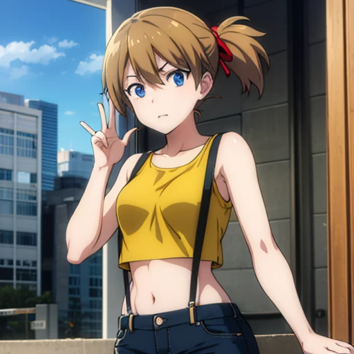 ((masterpiece,High resolution,Highest quality,8k)) Asuka Soryuu Langley, BREAK, female, chestnut brown hair in ponytail, blue eyes, BREAK, Small breasts, slender, bare collarbone BREAK: (yellow cropped shirt, red suspenders, daisy dukes), (bare arms), (bare midriff), BREAK: posing victoriously, victory pose