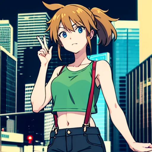 ((masterpiece,High resolution,Highest quality,8k)) Asuka Soryuu Langley, BREAK, female, chestnut brown hair in ponytail, blue eyes, BREAK, Small breasts, slender, bare collarbone BREAK: (yellow cropped shirt, red suspenders, daisy dukes), (bare arms), (bare midriff), BREAK: posing victoriously, victory pose