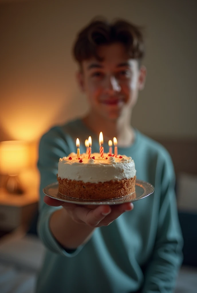 I want you to take a photo of a young man's arm with a small birthday cake in the background of his room.. But I want the photo to be from the position or perspective that only the arm is seen and not the person.. But with the cake a little bigger so that at least it covers your hand. and. Let the person come out, only his arm.
I don't want the person to appear in the photo, sino only his arm