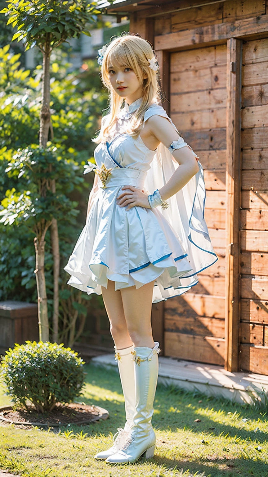 (8k、RAW Photos、Highest quality、masterpiece:1.2)、(Realistic、Realistic)、1 girl、((Blonde、White and light blue、garden、Frills、Cape、mini skirt、Thin legs、whole body、boots、View from the front、Looking into the camera、Stand with hands on hips))、cute