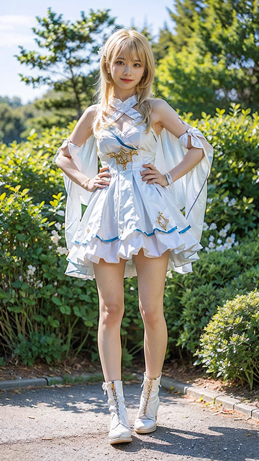 (8k、RAW Photos、Highest quality、masterpiece:1.2)、(Realistic、Realistic)、1 girl、((Blonde、See-through、White and light blue、Frills、Cape、mini skirt、Thin legs、whole body、boots、View from the front、Looking into the camera、Stand with hands on hips))、cute