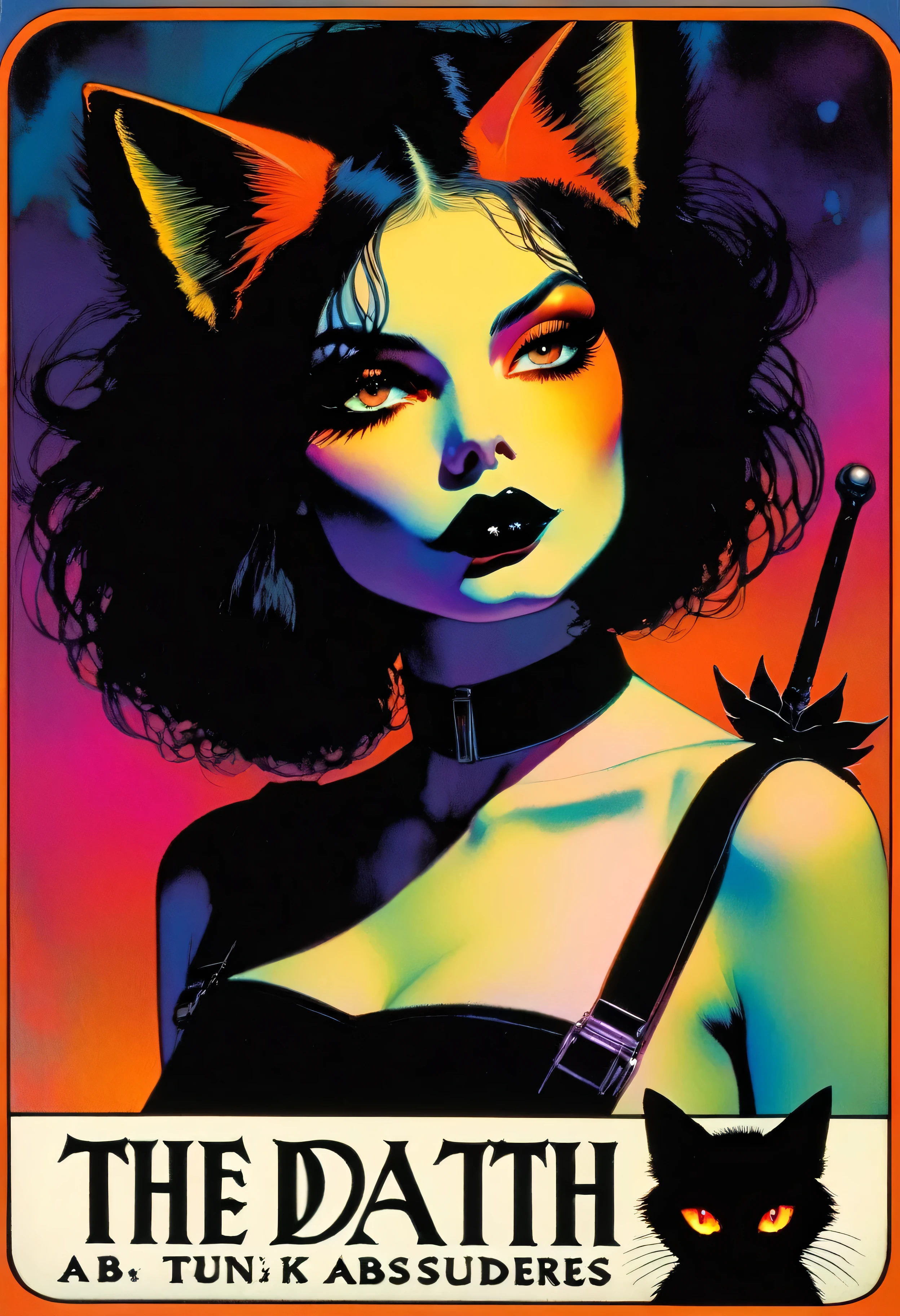 tarot card, a card, card : "THE DEATH", tarot card frame,vivid colors (art inspired by Bill Sienkiewicz). text: THE DEATH, absurderes, trunk, black backdrop, 1 girl, standing alone, gazing at viewer, shorth hair, Bblack hair, top cut, Cat's ears, busty, animal ears, sleeveless, strapless, orange eyes, trunk, make up, choker, lipstick, ombre, orange background, Black Lips
INFO