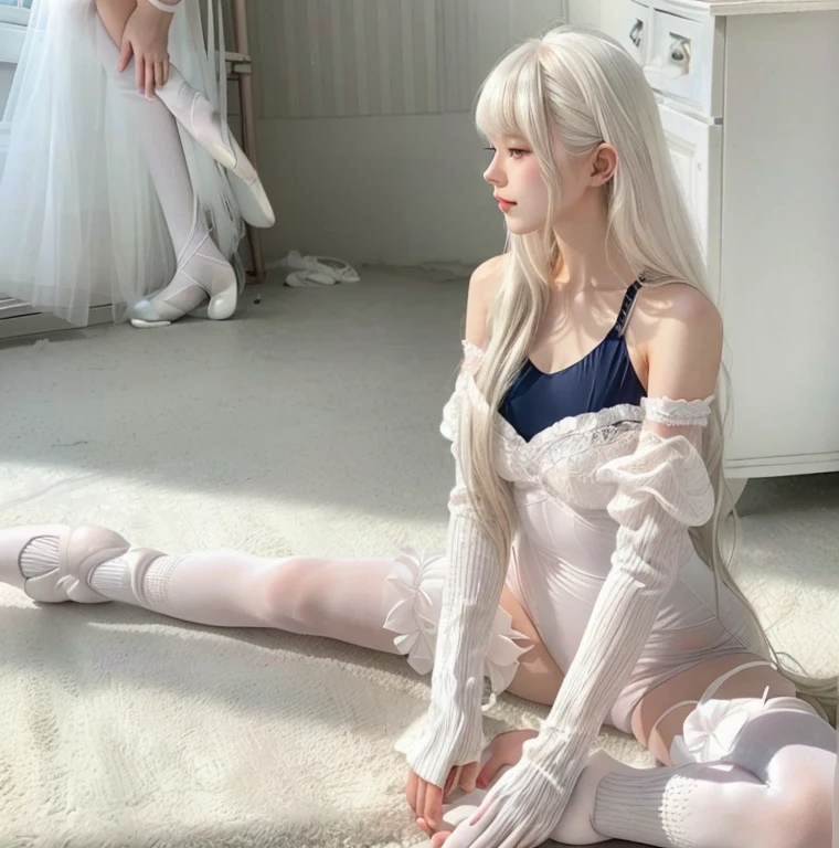 There is a woman with bangs and very long, wavy, silky soft white hair., sitting on the floor in a room, ballet style pose, cabin!! healthy body, ulzzang, leotard and leg warmers, peaceful and elegant, pretty face with arms and legs, beautiful dolphin, anime barbie in white stockings, ballet dancer, white and light pink suit, plain white fitted suit, delicate poses. Woman with very long white hair, soft and silky wavy with white bangs