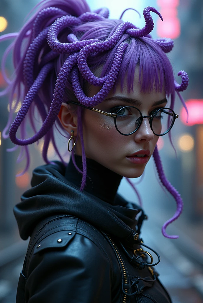 woman with glasses, with all her hair made of purple octopus tentacles, give her a creative air, cyberpunk style