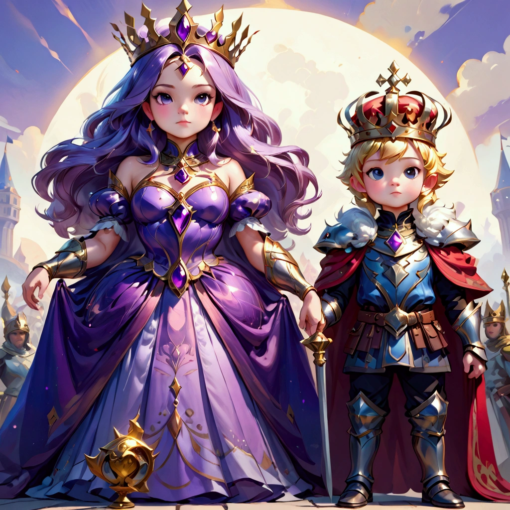 there are two people dressed in costumes standing next to each other, queen and ruler of the universe, jen bartel, princess of amethyst, fantasy art style, artwork in the style of guweiz, clash royal style characters, background artwork, loish and wlop, fairytale artwork, royalty kingdom, supergiant games, rossdraws global illumination