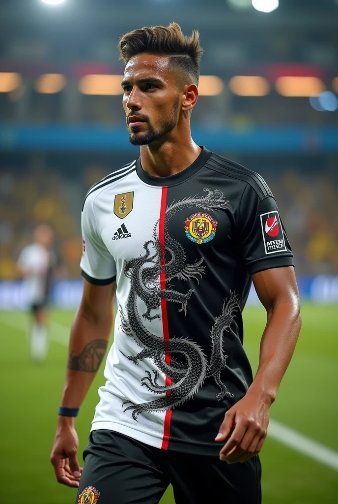 White and black soccer jersey with the Colombian crest and dragons