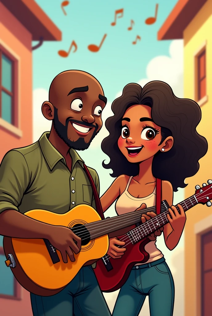 Chubby bald black man playing guitar with a 17 year old brown skinned girl with wavy hair also playing guitar cartoon style 