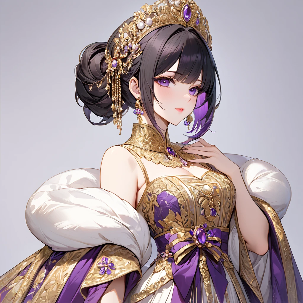 ((Highest quality)), ((masterpiece)), (detailed), (Perfect Face)、The woman is Shinobu Kocho, a Russian with black hair with purple gradient ends, tied in a bob hairstyle, an elegant, graceful and beautiful Russian noblewoman, and the Empress of the Great Russian Empire.、The woman is beautifully dressed in the gorgeous, glittering gold-colored Russian court dress of an ancient Russian empress, accessorized with luxurious accessories and kokoshniks.