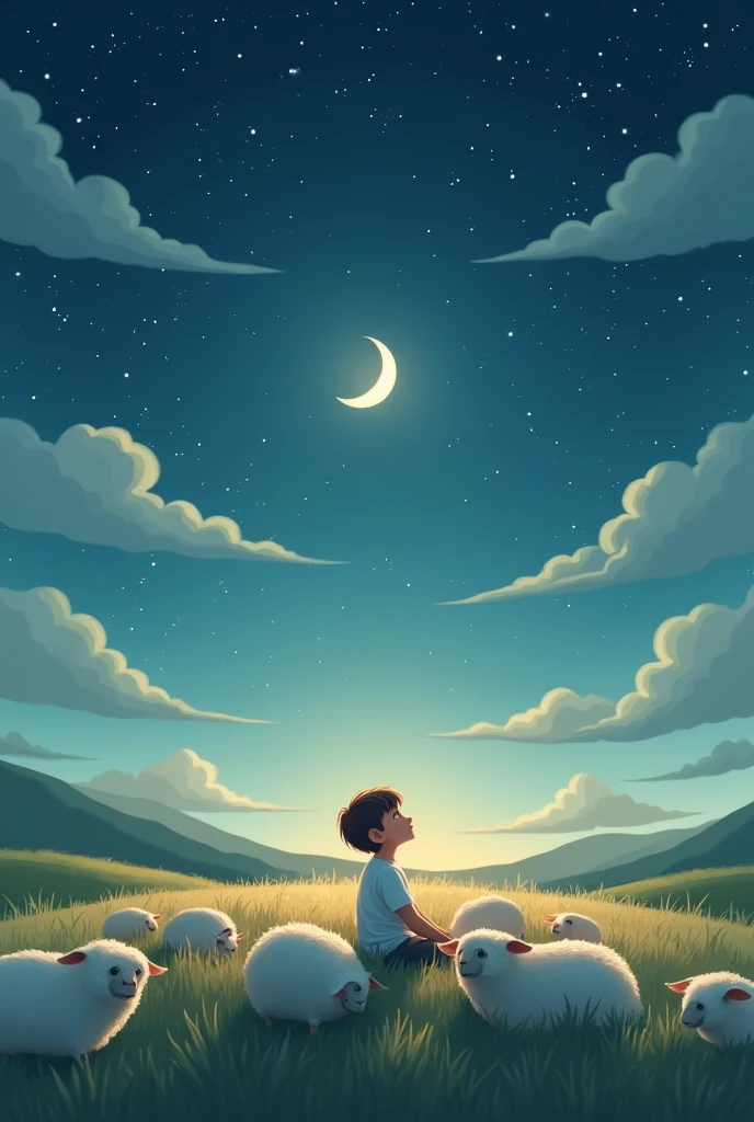 Vector image child under star and moon with sheep