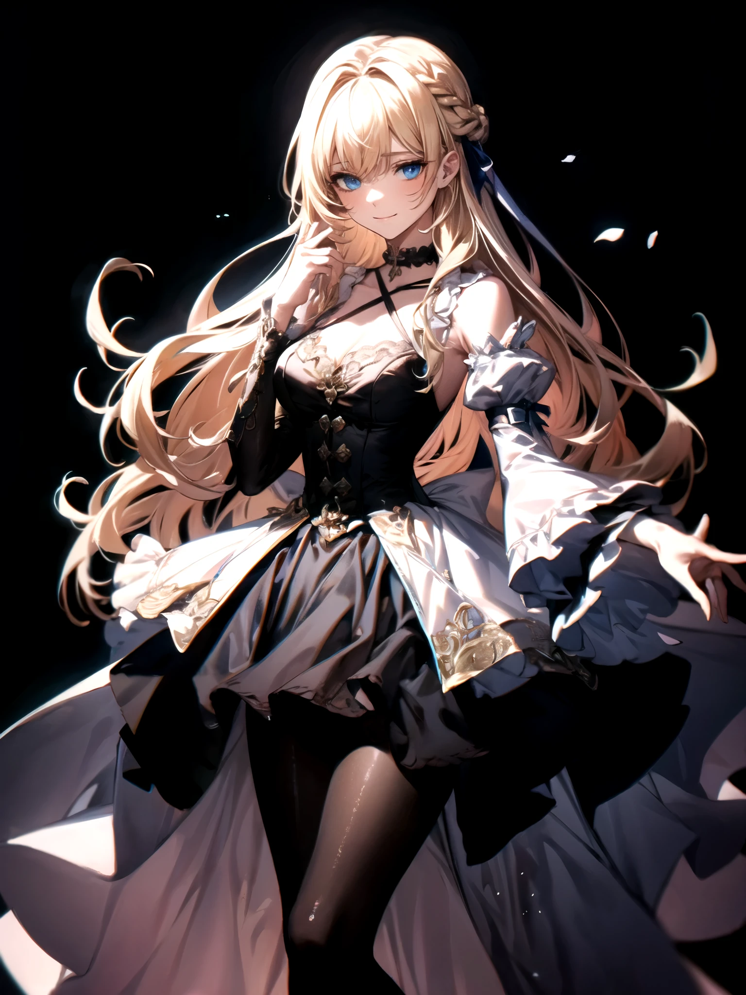 ultra detailed, masterpiece, best quality, solo, soft smile, light smile,
1girl, blue eyes, very long hair, blonde hair, long blonde hair, french braid, bangs, medium breasts,
hair ribbon, frilled choker, criss-cross halter, sleeveless dress, high-waist skirt, backless dress, waist bow, detached sleeves, frilled sleeves, wide sleeves, pantyhose, patterned legwear, mary janes, watercolor, lineart, rough sketch, RGB, chromatic aberration,
