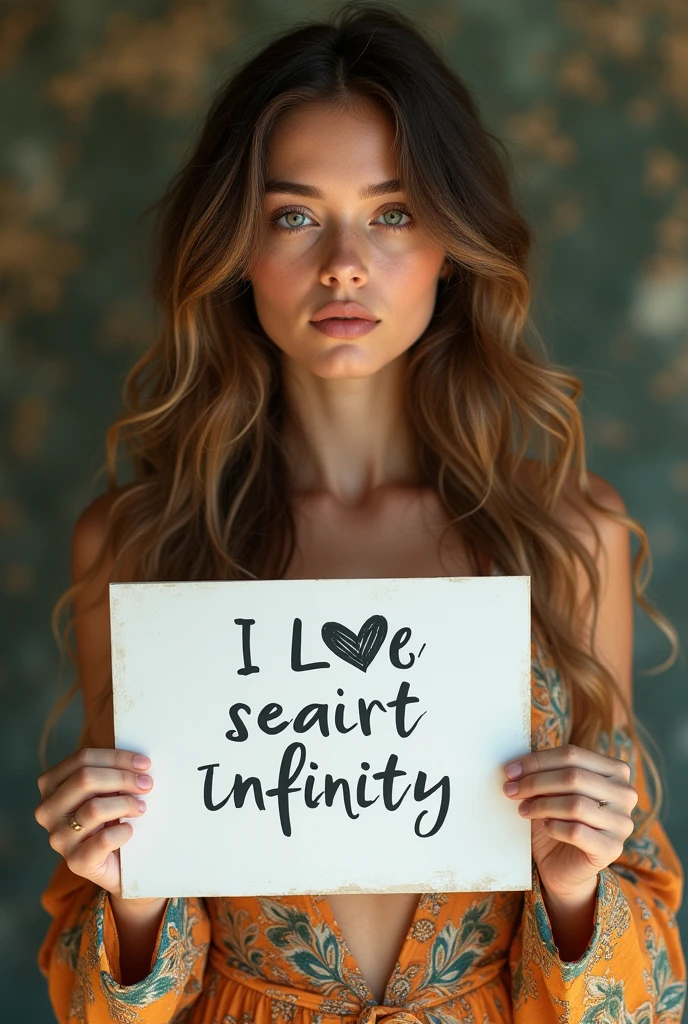 Beautiful girl with wavy long hair, bohemian dress, holding a white board with text "I Love Seaart Infinity" and showing it to the viewer