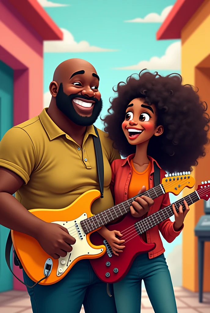 Chubby bald black man playing guitar with a 17 year old brown skinned girl with wavy hair also playing guitar cartoon style