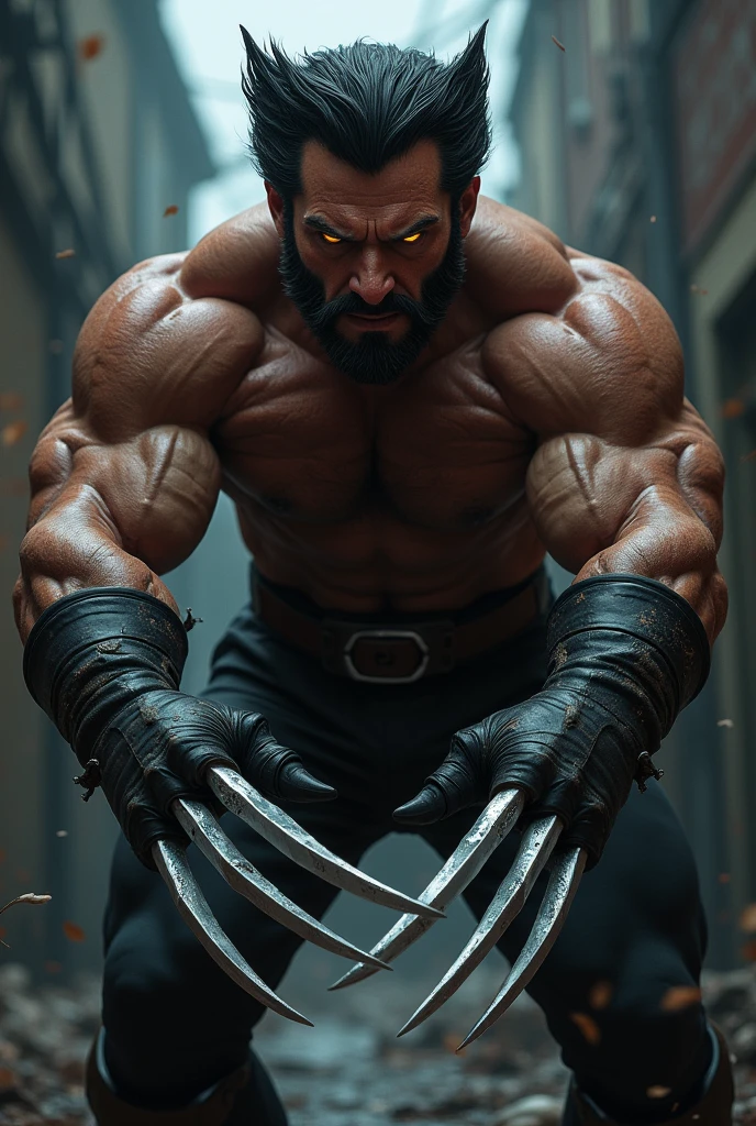 [Core Concept]
A powerful and enigmatic mutant superhero, known as Wolverine, from the iconic X-Men universe.

[Character Description]
Wolverine is a rugged and imposing figure, with a muscular build, sharp facial features, and a stern expression. His piercing eyes glow with an intense, primal energy, and his hands are adorned with razor-sharp adamantium claws that can slice through even the toughest materials.

[Environment/Background]
The scene is set against a dark, gritty backdrop, perhaps a dimly lit city alley or a shadowy industrial setting, where Wolverine's primal abilities can be fully unleashed.

[Style and Atmosphere]
The overall style is gritty, intense, and action-oriented, with a sense of raw power and unrestrained ferocity that captures the essence of Wolverine's character.

[Composition]
Wolverine is the central focus of the image, poised in a dynamic, aggressive stance, ready to unleash his formidable claws and take on any threat that dares to cross his path.

[Details and Embellishments]
The image might feature subtle details that highlight Wolverine's mutant abilities, such as the faint glow of his eyes, the metallic sheen of his claws, or the tattered remnants of his iconic costume.

[Technical Specifications]
The image should be rendered in a high-quality, photorealistic style, with a focus on capturing the raw power and intensity of Wolverine's character through detailed textures, lighting, and dynamic composition.