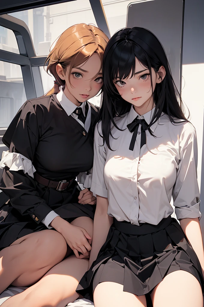 ((superflat, masterpiece, flat shading, flat colors:1.1)), Cinematic shot, Masterpiece, Beautiful shot of lesbian sex orgy, lesbian orgy, multiple females having fun with each other, lesbian punishment, hand under the skirt, masturbating, fingering, boob fondling, school girls, slim , high contrast colours, ecchi style
