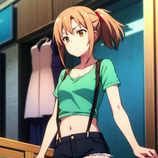 ((masterpiece,High resolution,Highest quality,8k)) Asuna Yuuki BREAK, female, chestnut brown hair in ponytail, brown eyes, BREAK, Small breasts, slender, bare collarbone BREAK: (yellow cropped shirt, red suspenders, daisy dukes), (bare arms), (bare midriff) (bare legs), BREAK: posing victoriously, victory pose