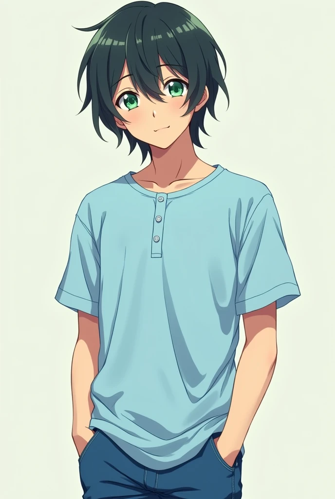 Boy medium hair anime style and Japan style with green eyes light blue social t-shirt with 3 buttons near the collar and jeans looking 25 years old