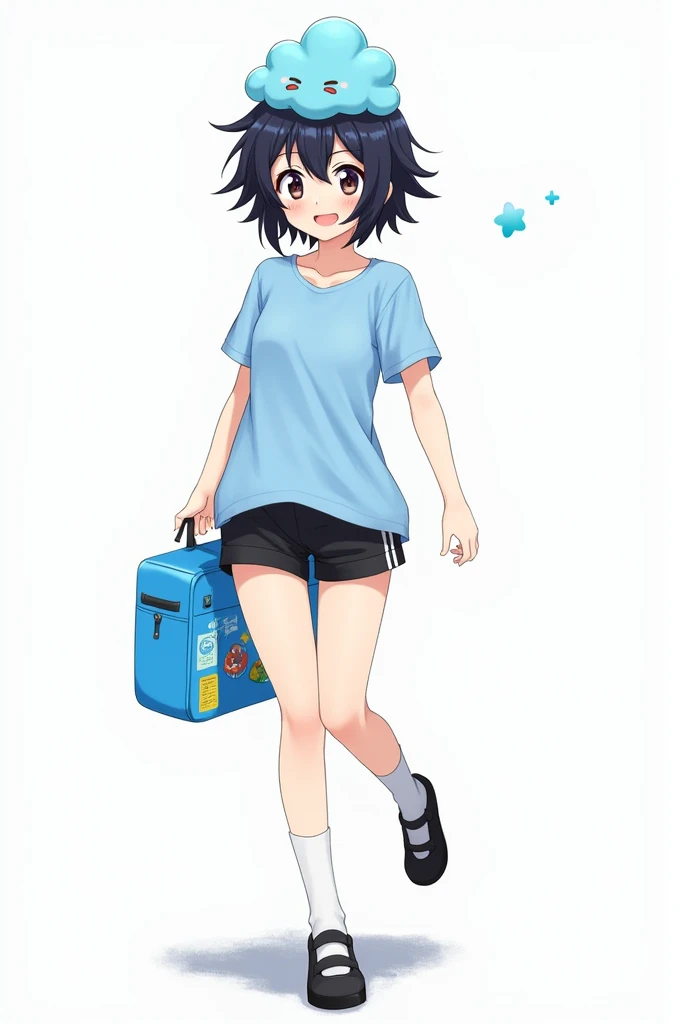 female character ,light blue cloud-shaped hat , short, spiked black hair  ,clothing light blue shirt black shorts with white socks and black shoes ,  Strong blue bag with happy face yavero and labels